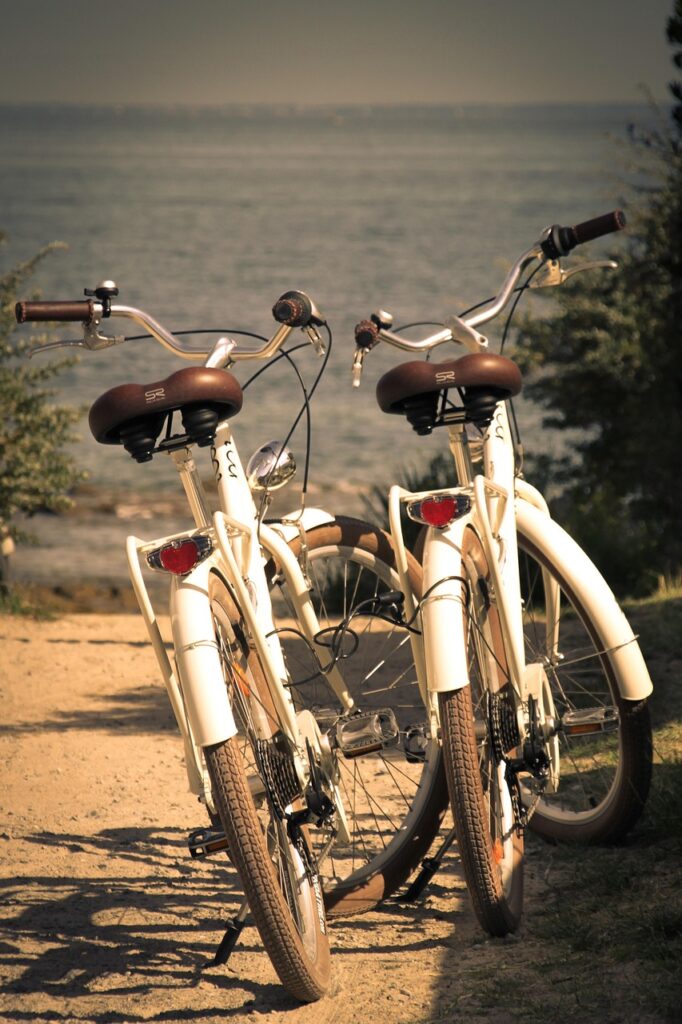 bike, couple, nature, beach, sand, sky, ocean, noirmoutier